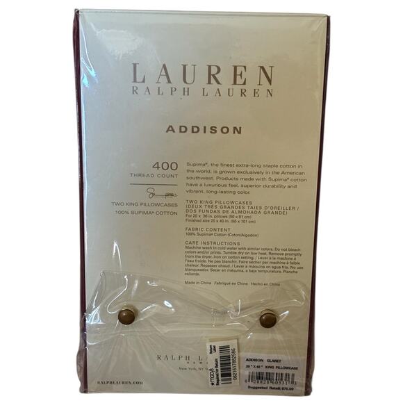 Ralph Lauren TWO KING Pillowcases 400 Tread ADDISON Claret 20" x 40" NWT - Picture 2 of 2